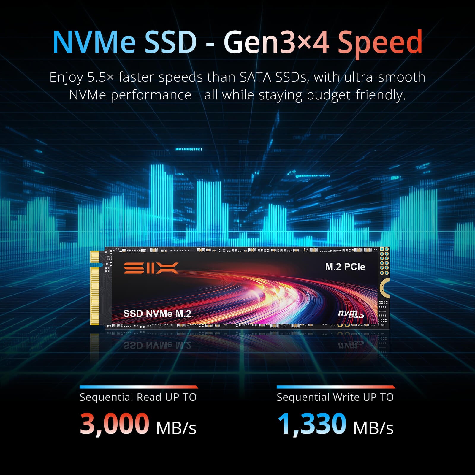 SIX X4000 M.2 SSD PCIe Gen3x4 NVME SSD Solid State Drive - Up to 3000MB/s Read, 1300MB/s Write